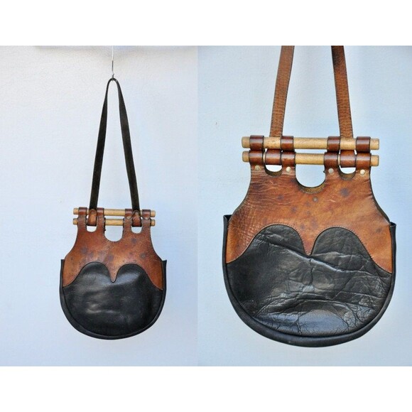 70s 2 Tones Brown & Black Leather Shoulder Bag Original Boho Gypsy Woodstock - Picture 1 of 10